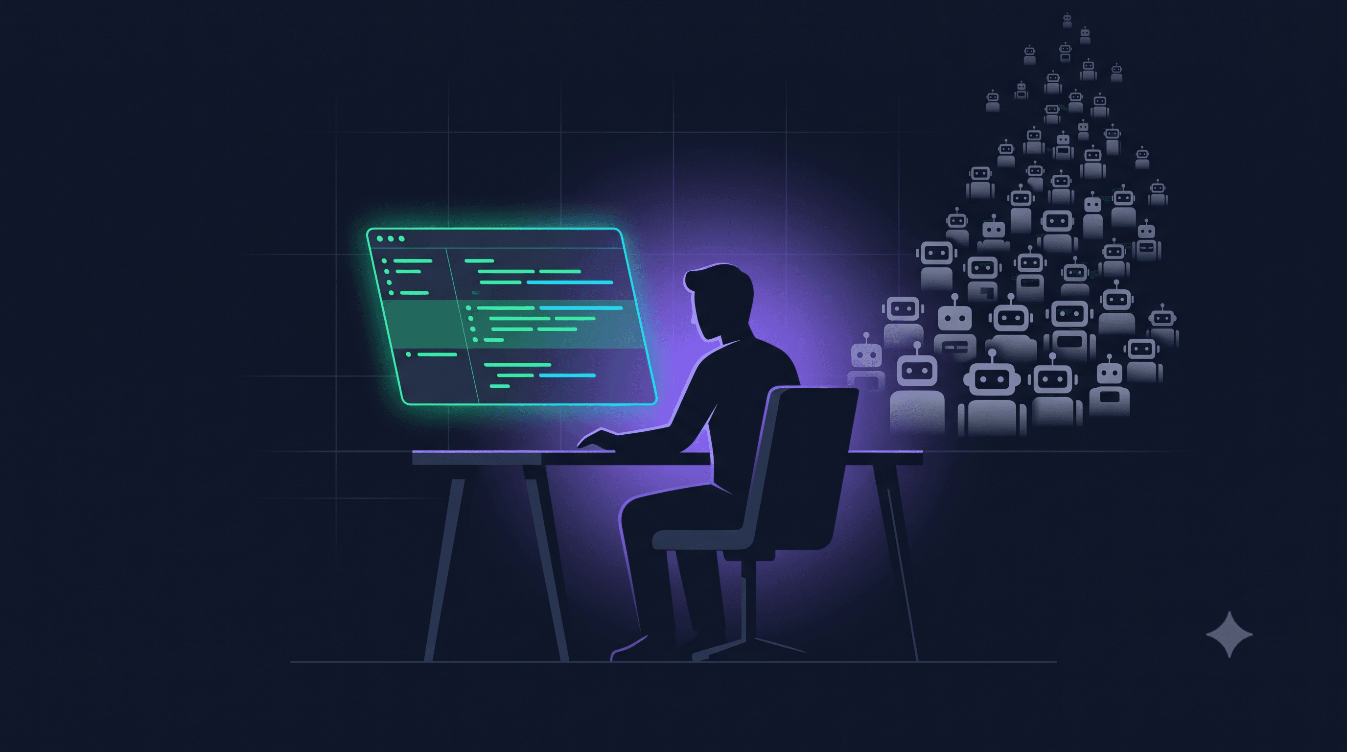 Ilustración editorial de un developer revisando código junto a íconos de agentes de IA apilándose, en paleta navy y verde.