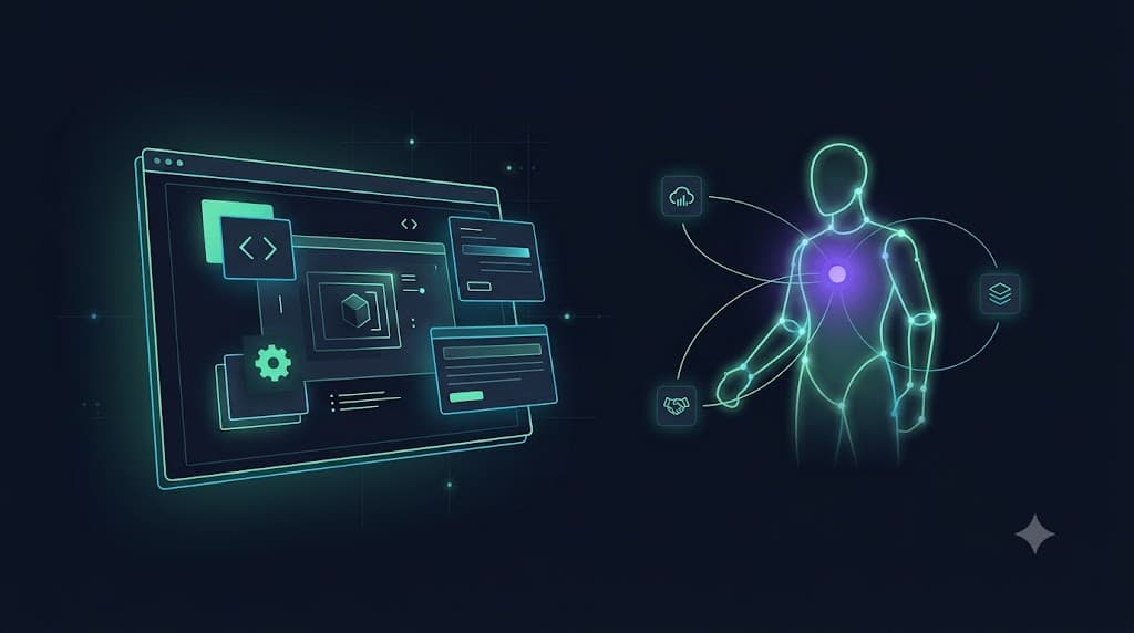 Ilustración editorial minimalista en tonos navy, verde y violeta de un panel de diseño conectado a un agente de IA que genera herramientas automáticamente.