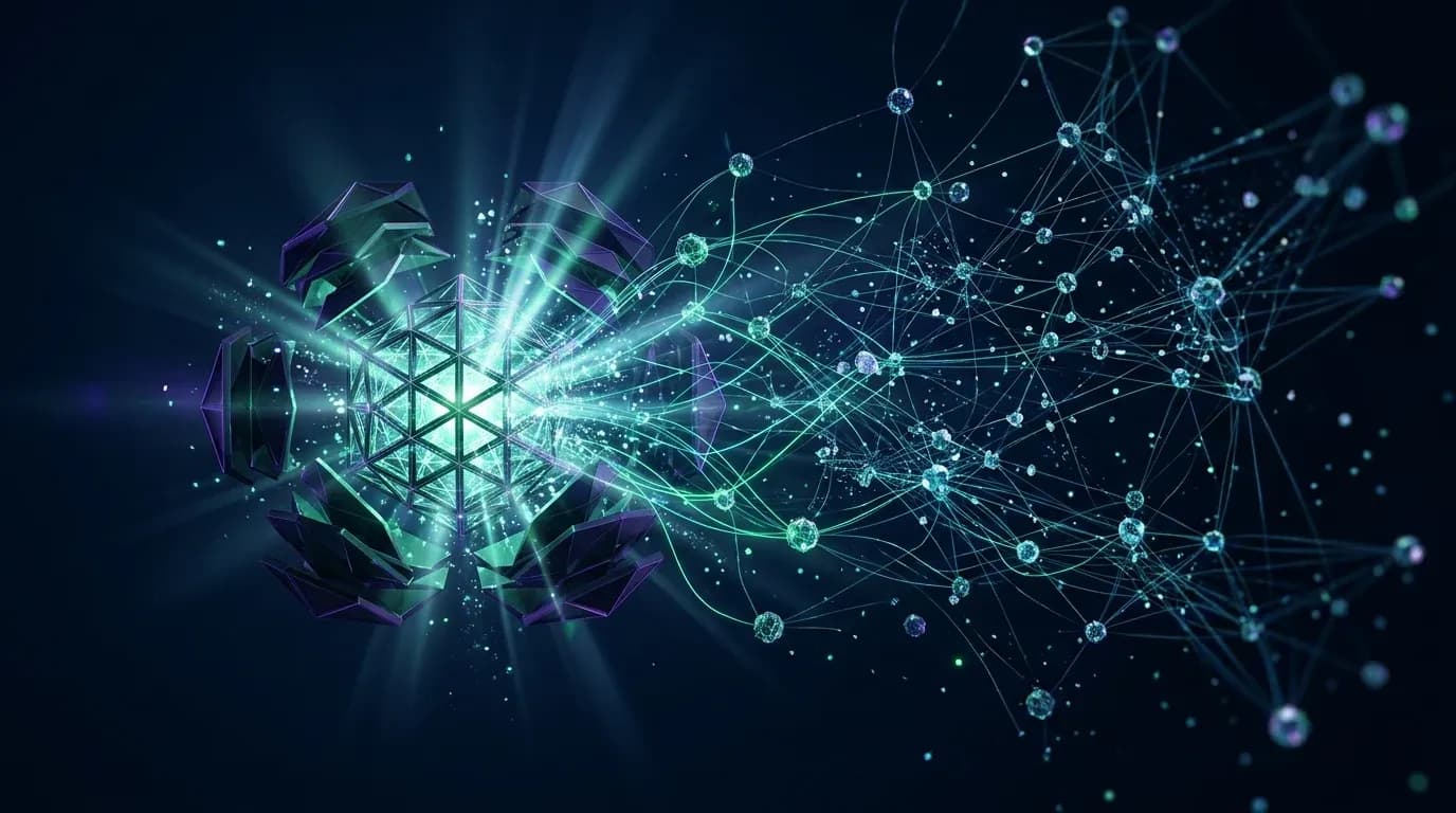Ilustración editorial abstracta de un núcleo de datos luminoso navy y verde liberando nodos de IA hacia una red abierta, sin texto ni logos.