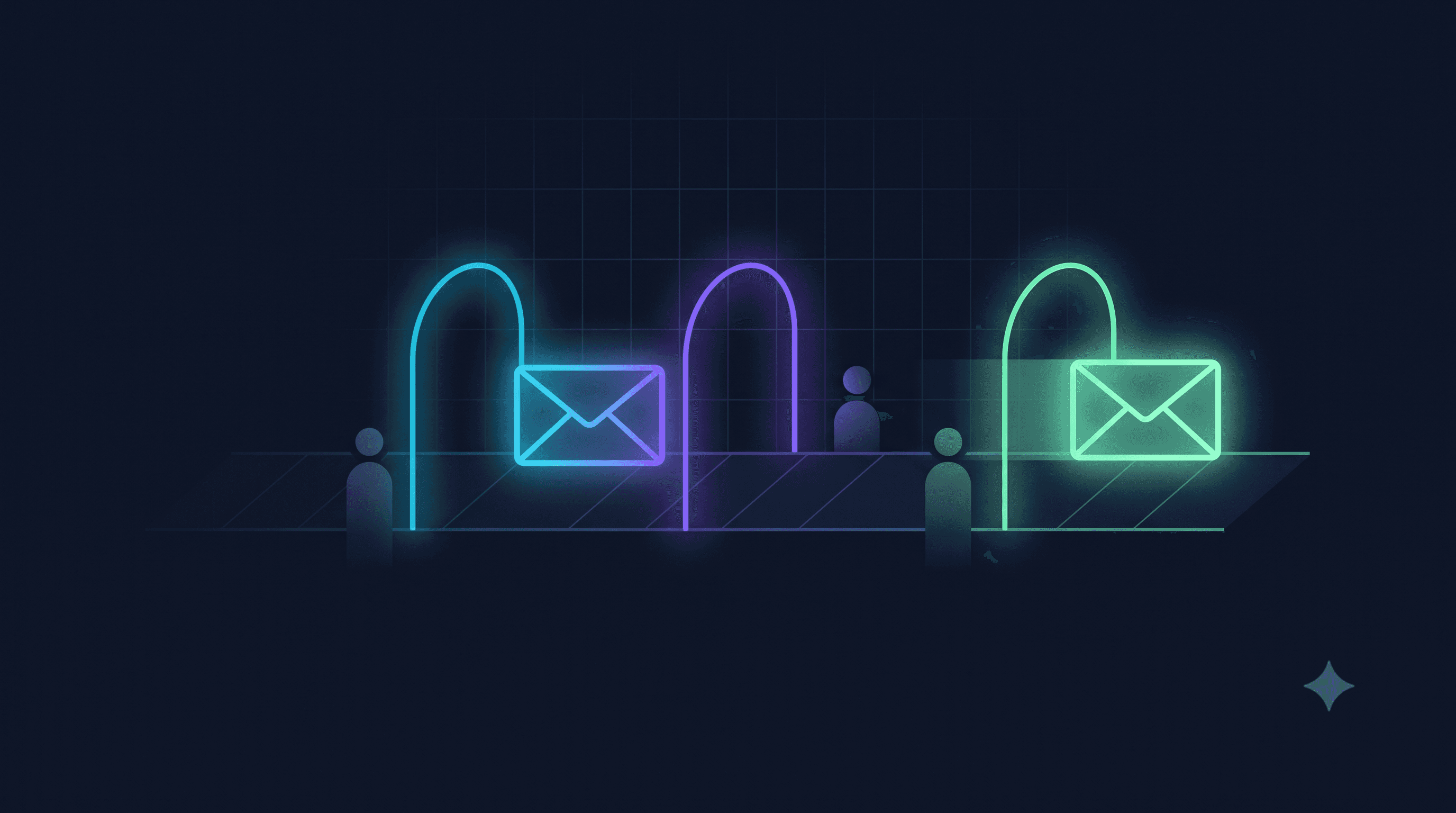 Ilustración editorial de un sobre de correo pasando por compuertas de aprobación iluminadas en navy, verde y violeta, sobre fondo oscuro.