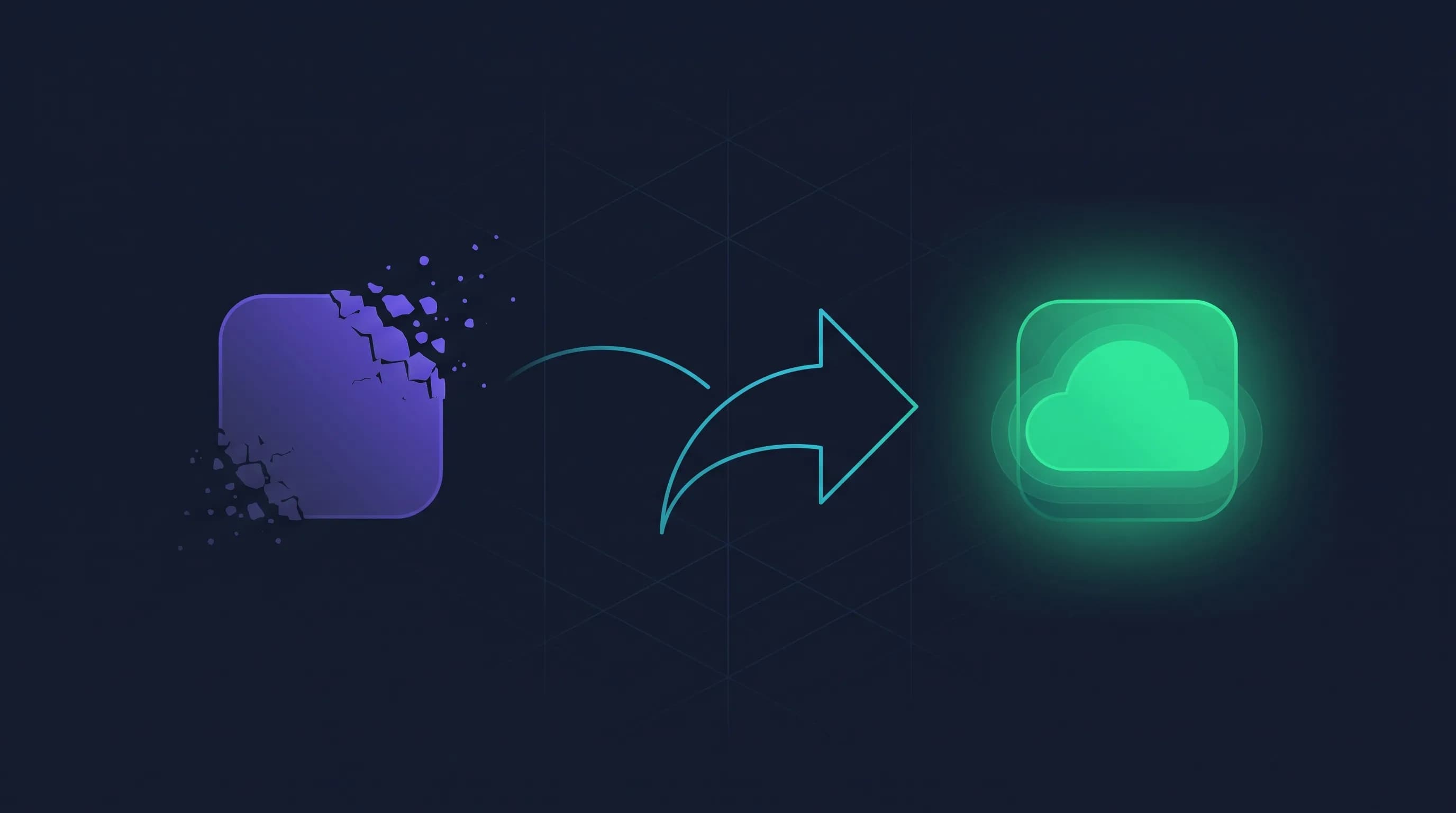 Ilustración editorial de un ícono de app disolviéndose en partículas violeta mientras una flecha cian señala un nuevo destino verde, en fondo navy.