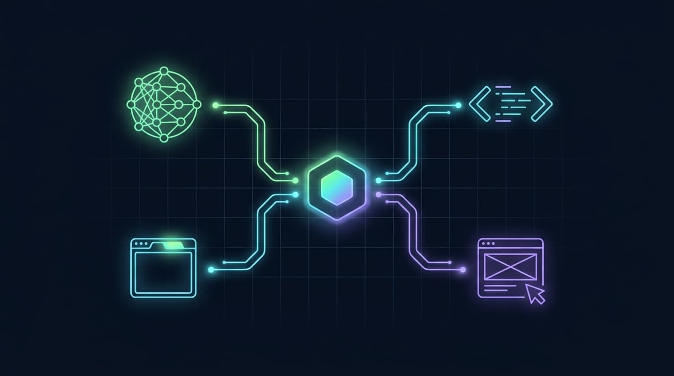 Núcleo hexagonal luminoso conectado por circuitos a cuatro íconos de línea neón, una red neuronal, código, una ventana de navegador y un wireframe con cursor, sobre fondo azul marino